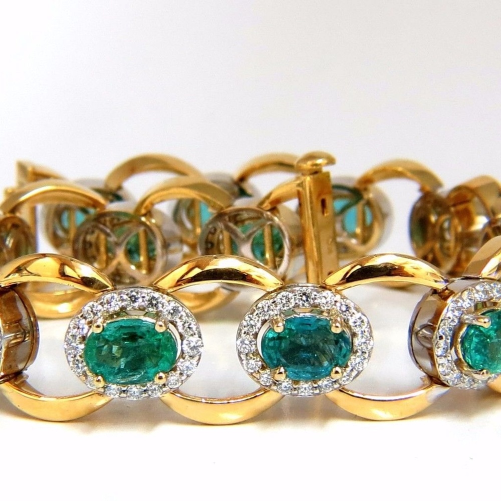 13.10ct Bright vivid green natural emerald diamonds cluster bracelet 14kt*